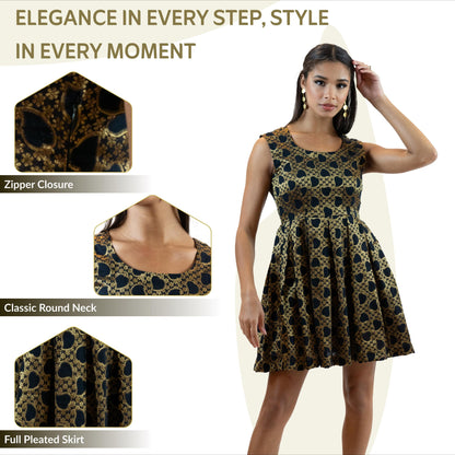 Black Gold Brocade Mini Dress – Sleeveless Party Outfit