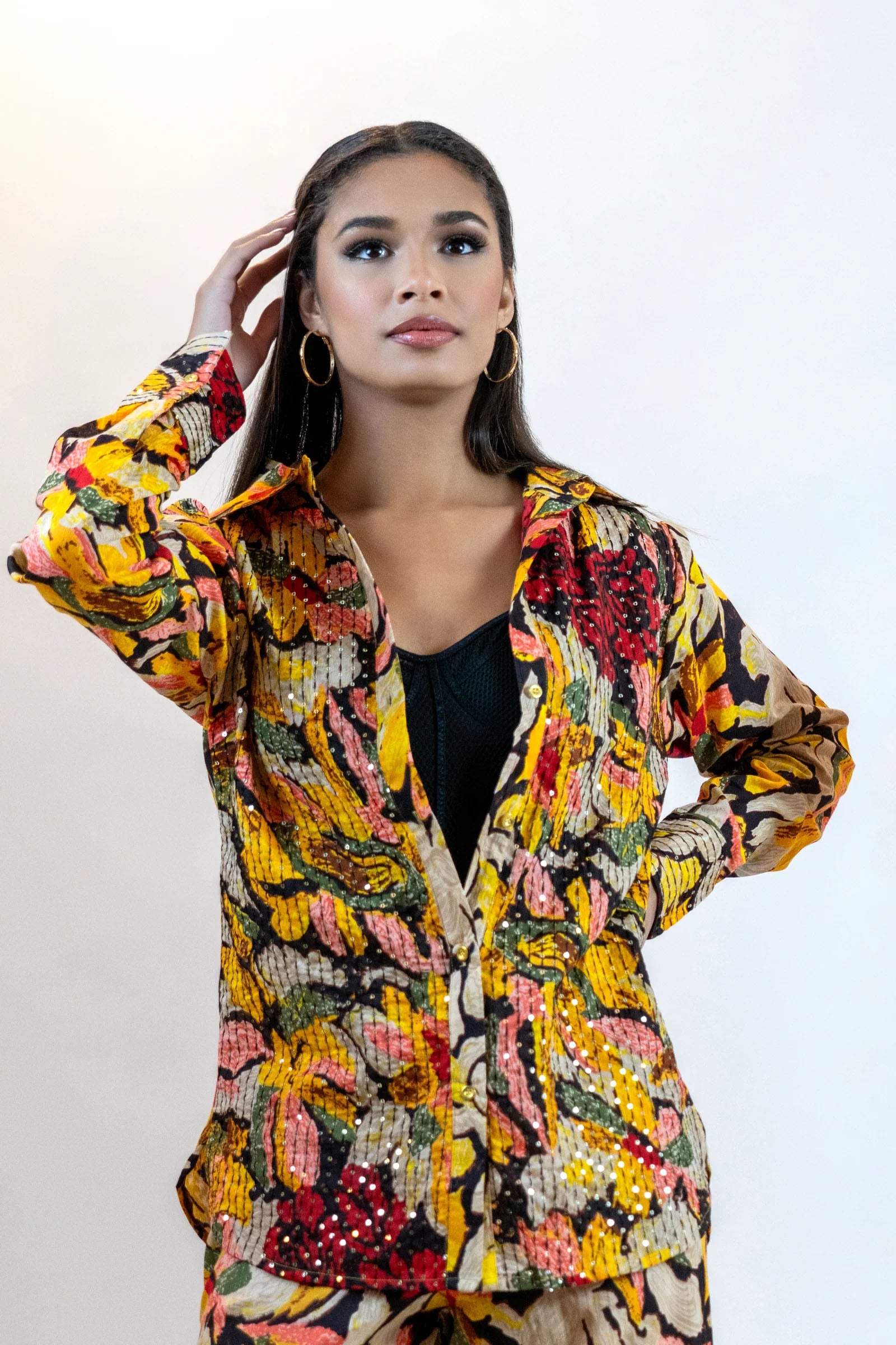 Yellow Sequin Blouse – Sparkly Floral Party Shirt Women