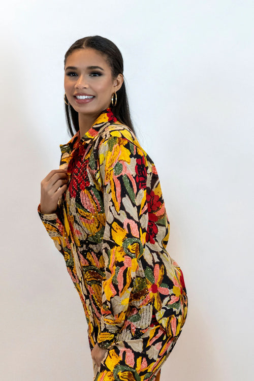 Yellow Sequin Blouse – Sparkly Floral Party Shirt Women