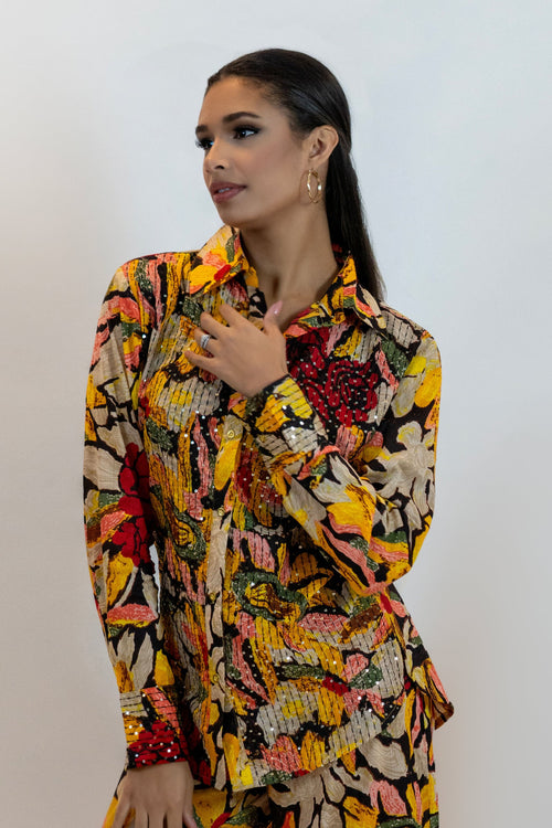 Yellow Sequin Blouse – Sparkly Floral Party Shirt Women