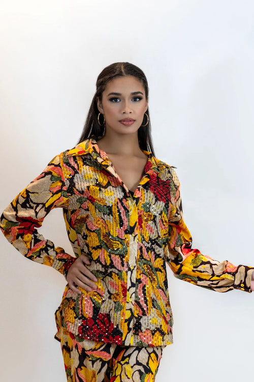 Yellow Sequin Blouse – Sparkly Floral Party Shirt Women