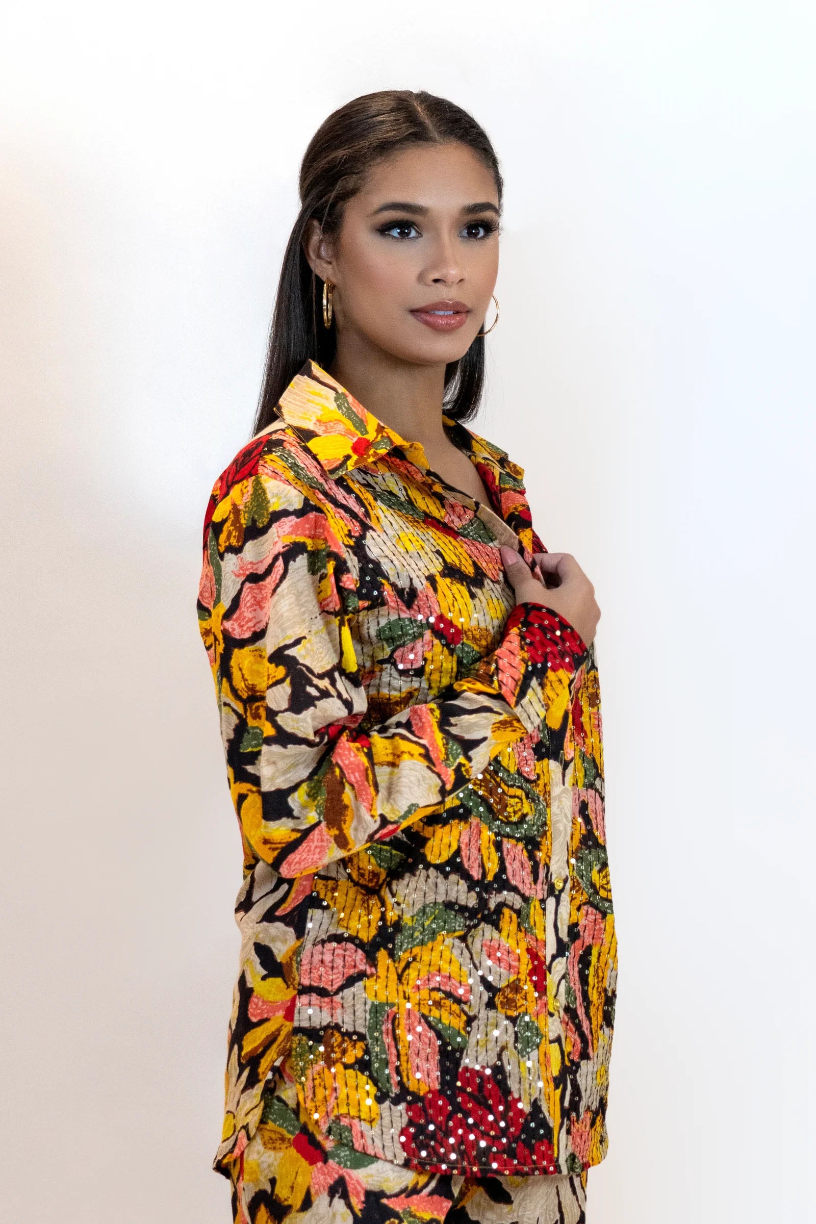 Yellow Sequin Blouse – Sparkly Floral Party Shirt Women