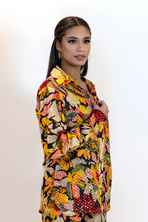 Yellow Sequin Blouse – Sparkly Floral Party Shirt Women