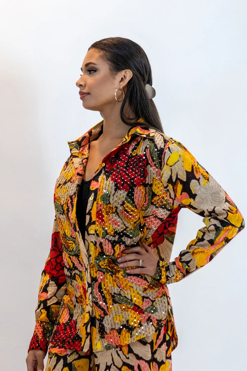 Yellow Sequin Blouse – Sparkly Floral Party Shirt Women