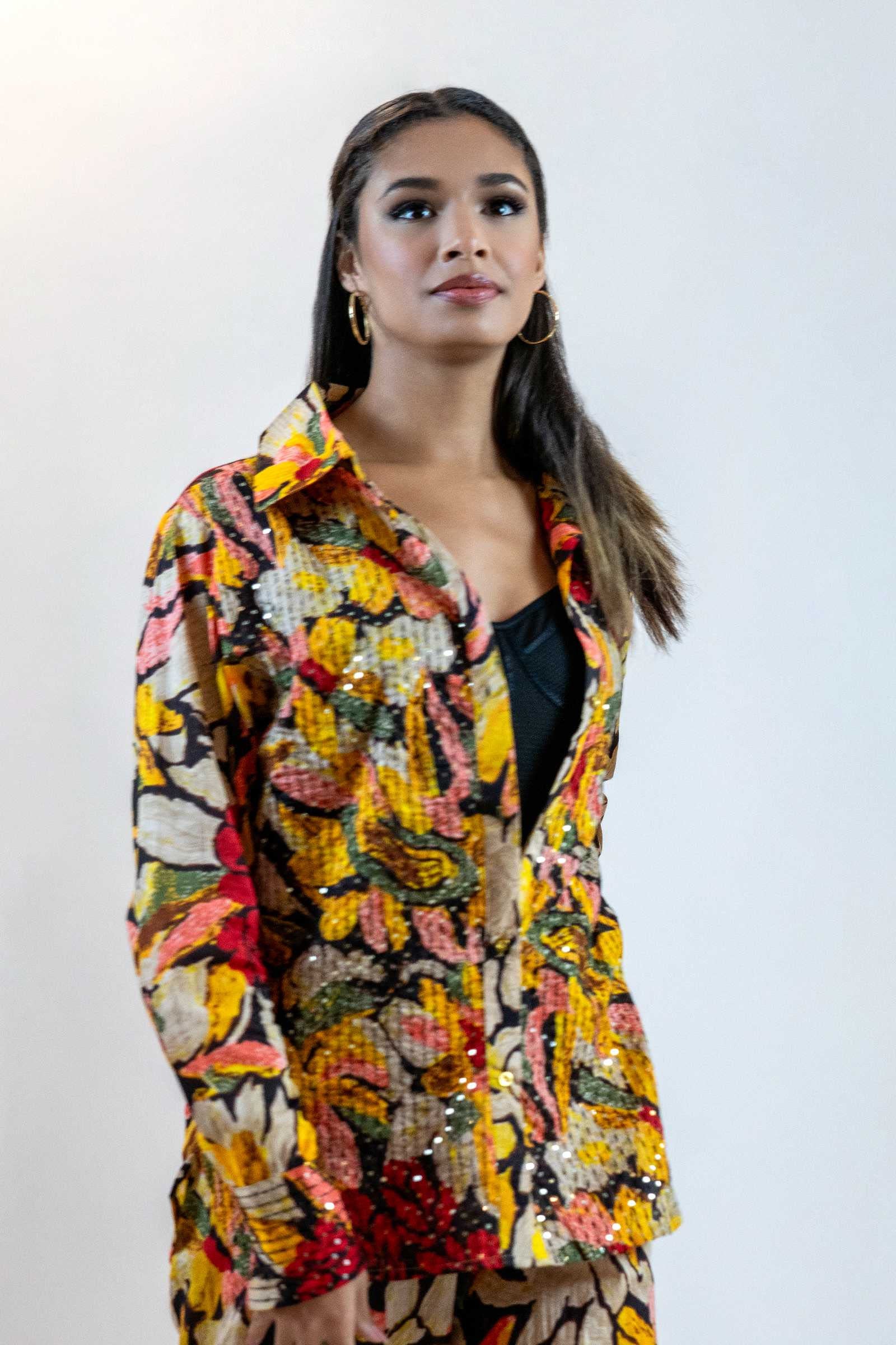 Yellow Sequin Blouse – Sparkly Floral Party Shirt Women
