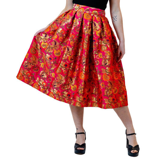 Hot Pink Floral A-Line Skirt – Vintage Brocade Midi Skirt