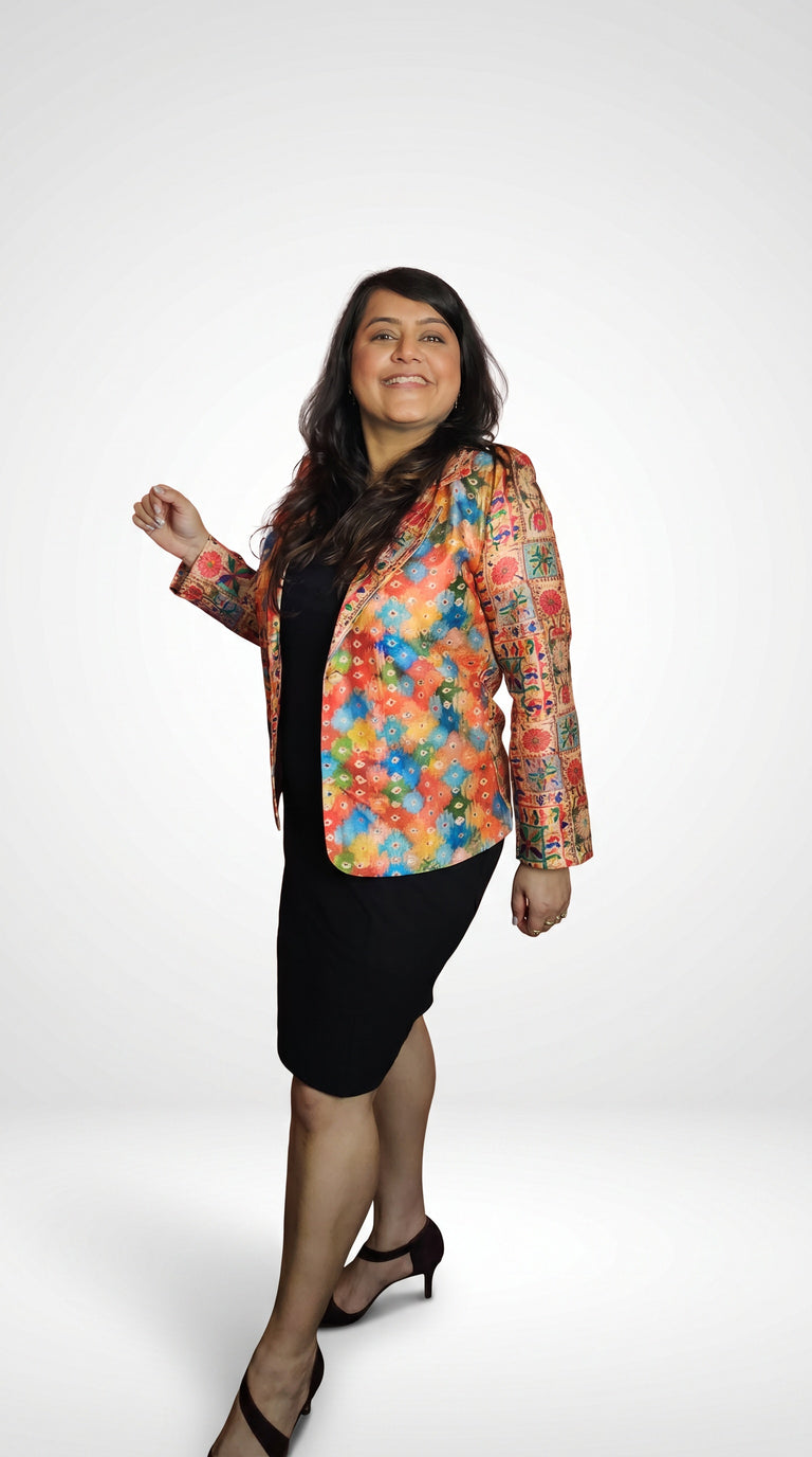 Colorful Handcrafted Dual Printed Blazer for Women – Artisan Printed Jacket