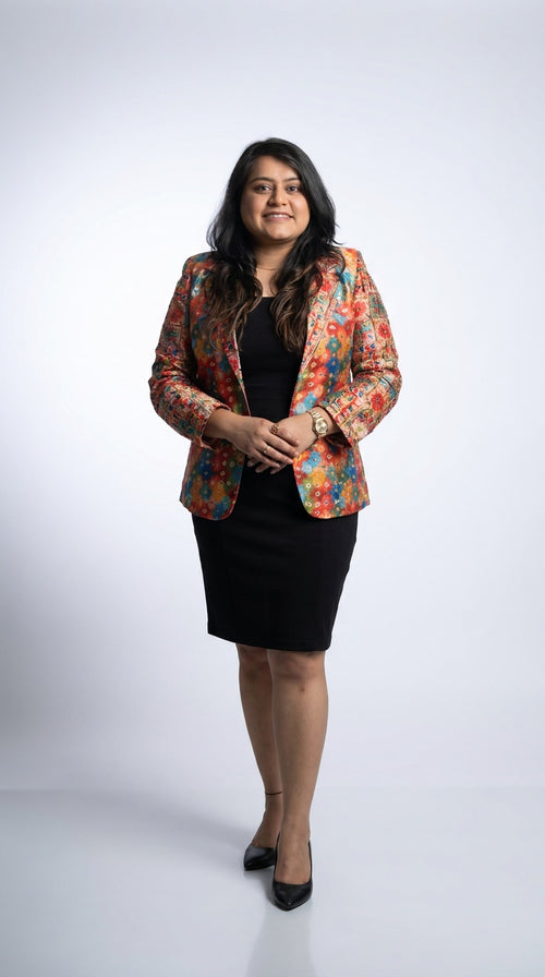 Colorful Handcrafted Dual Printed Blazer for Women – Artisan Printed Jacket